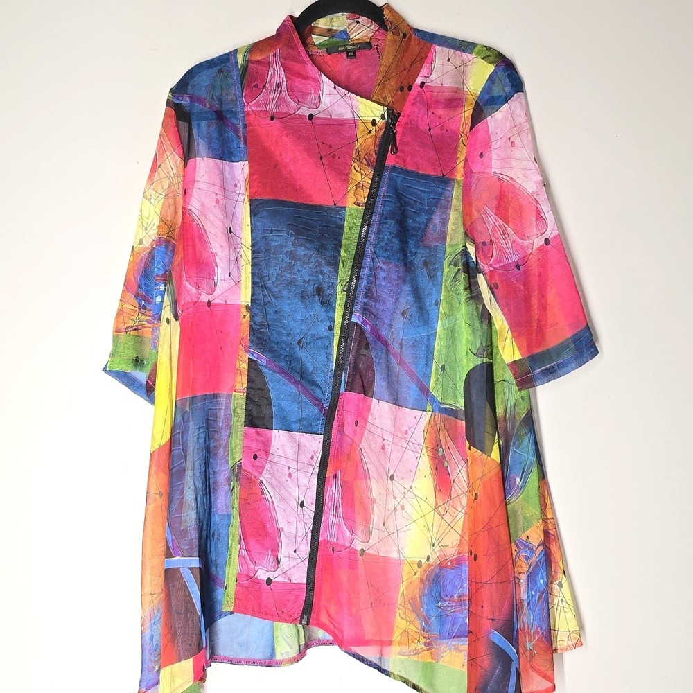 RADZOLI Abstract Art Print Asymmetrical Zip Jacket Women PS Colorful‎ Tunic Top